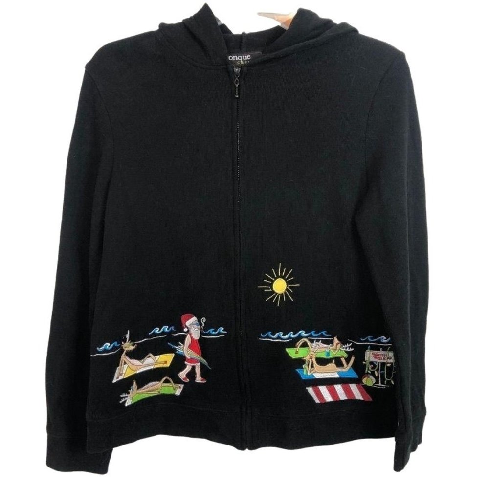 Vtg Onque Casuals Women’s Hoodie Sz Small Santa Reindeer Beach Party Full Zip